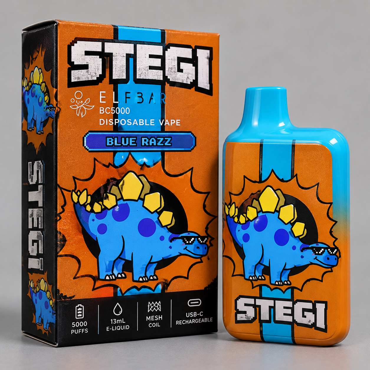 Stegi Blue Razz Vape mit Dino-Motiv